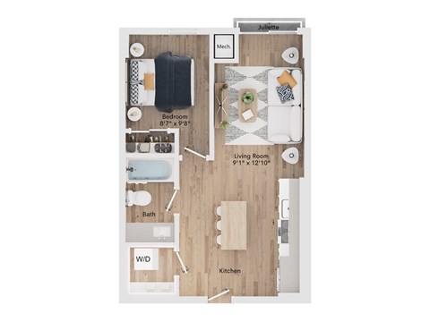 A floor plan of a small apartment with a bedroom, living room, kitchen, and bathroom.